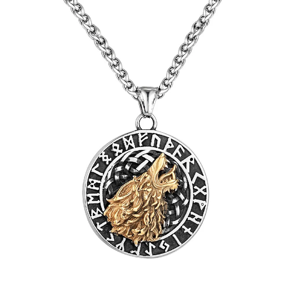 Collier Viking Loup Hurlant Et Runes En Acier inoxydable